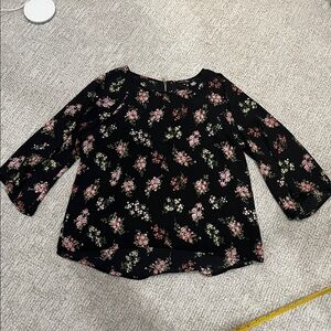 Women’s Black Floral Blouse Long-Sleeve Top with Three Quarter Sleeve
